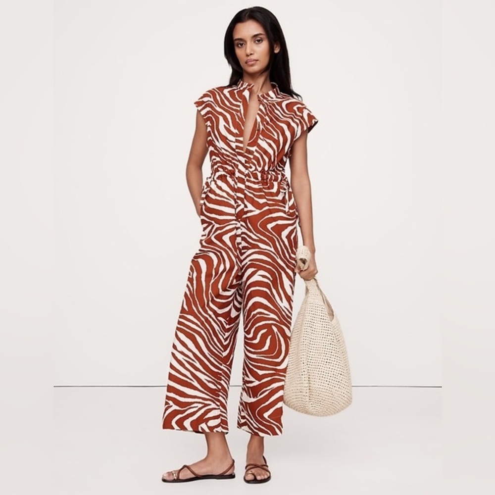 NWT! Banana Republic Brown Zebra Print Cotton Poplin Wide-Leg Cropped Jumpsuit🍒